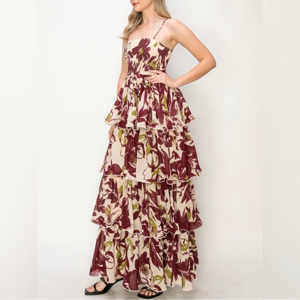 Sleeveless Smocked Tiered Floral Print Multicolor Maxi Dress